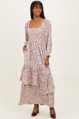 Cream Floral Asymmetrical Ruffle Hem Maternity Maxi Dress
