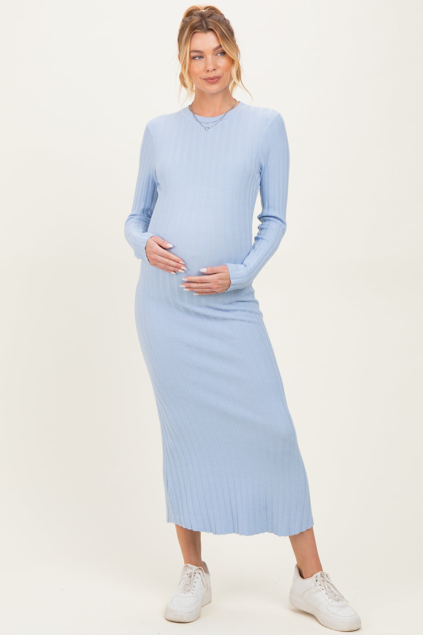 Light Blue Ribbed Knit Fitted Maternity Midi Sweater Dress