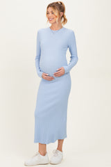Light Blue Ribbed Knit Fitted Maternity Midi Sweater Dress