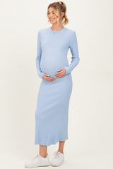 Light Blue Ribbed Knit Fitted Maternity Midi Sweater Dress