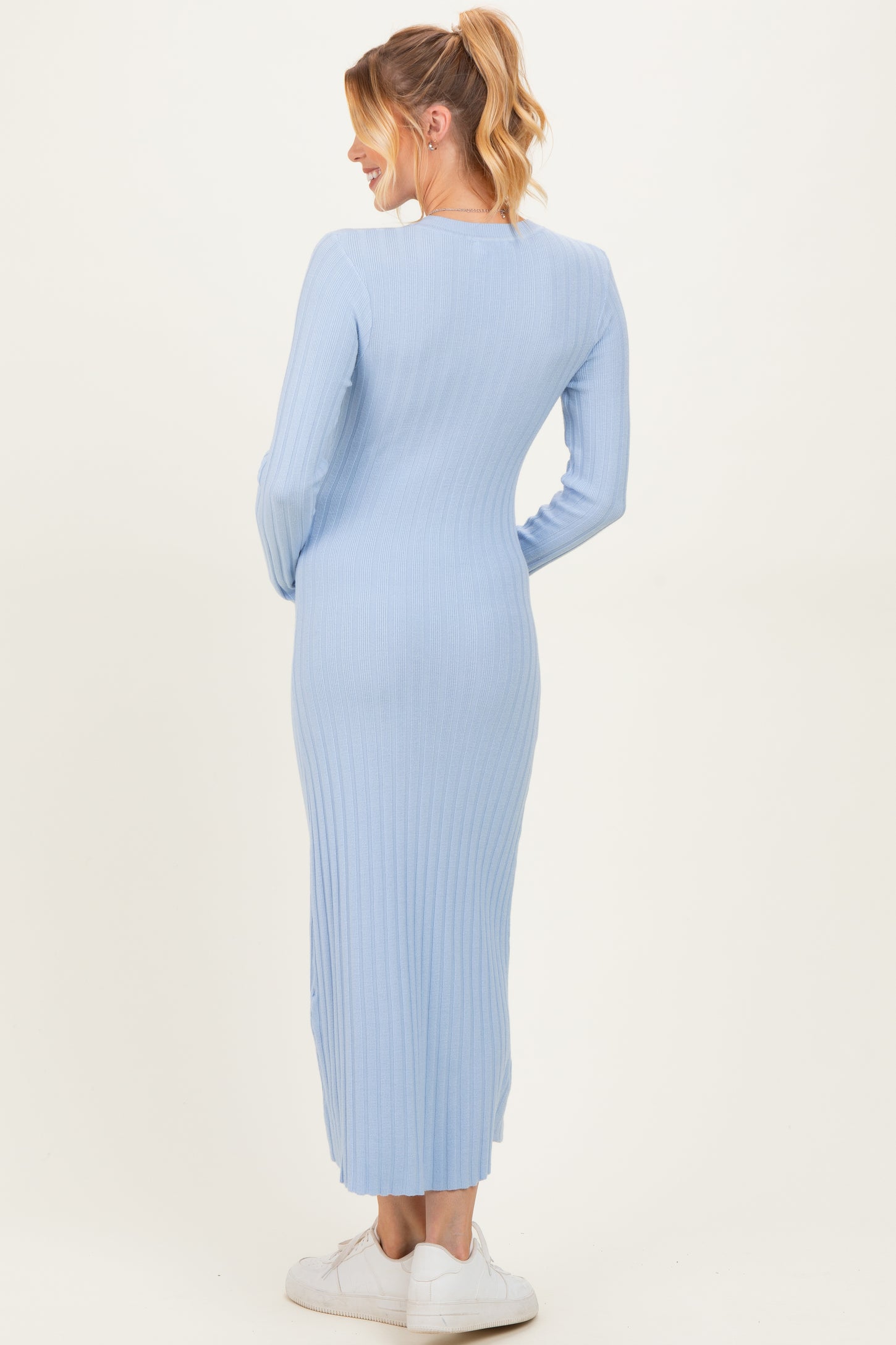Light Blue Ribbed Knit Fitted Maternity Midi Sweater Dress – PinkBlush