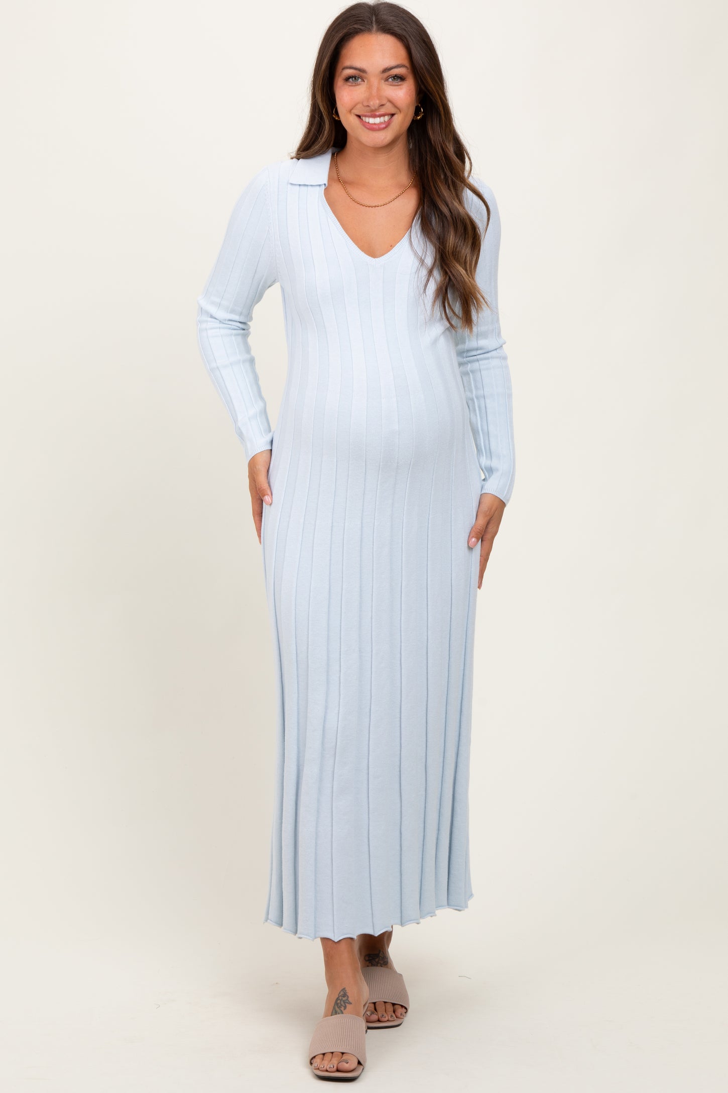 Light Blue Wide Ribbed Knit Collared Maternity Midi Dress PinkBlush Light Blue Wide Ribbed Knit Collared Maternity Midi Dress PinkBlush