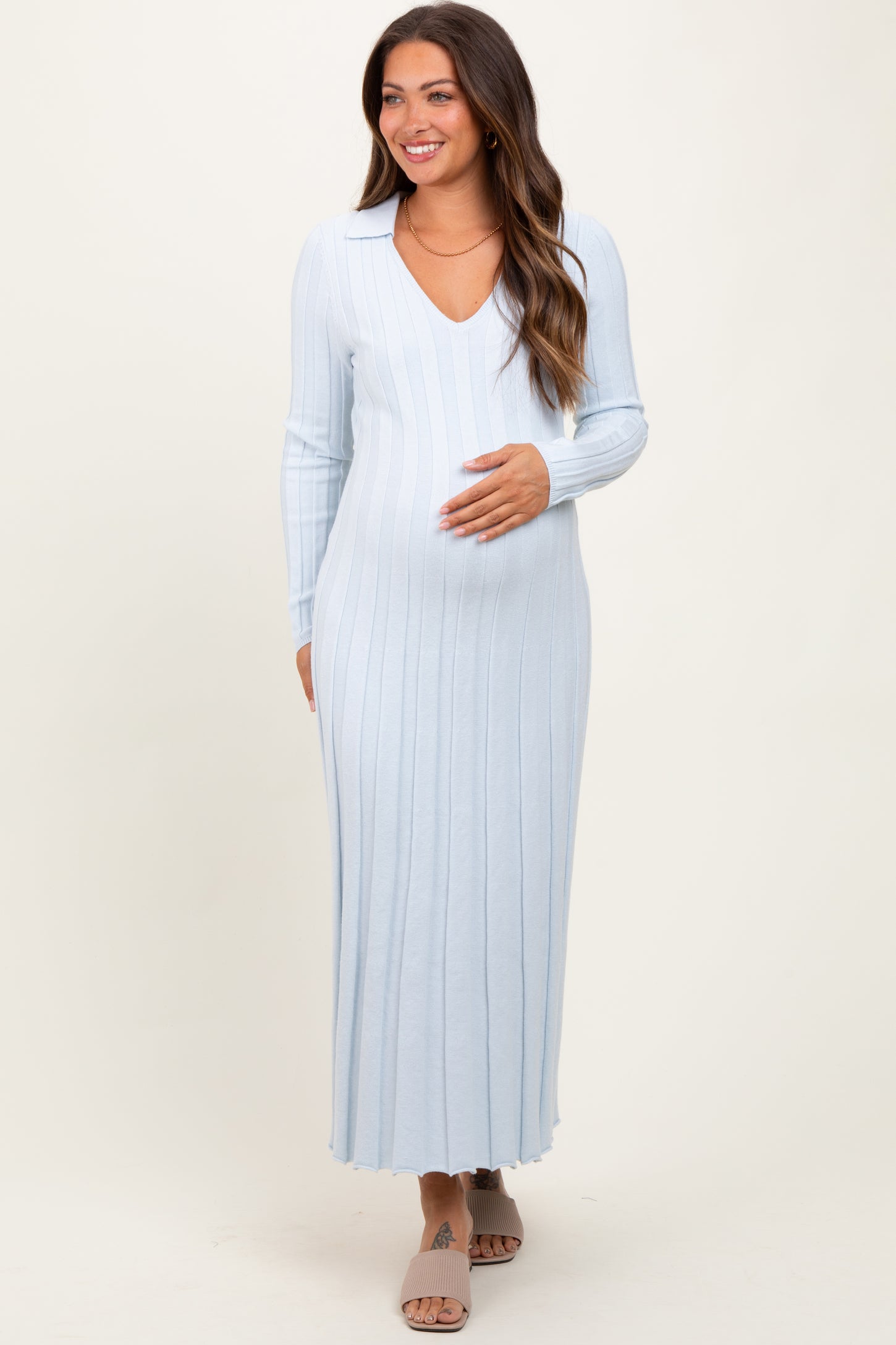 Light Blue Wide Ribbed Knit Collared Maternity Midi Dress – PinkBlush