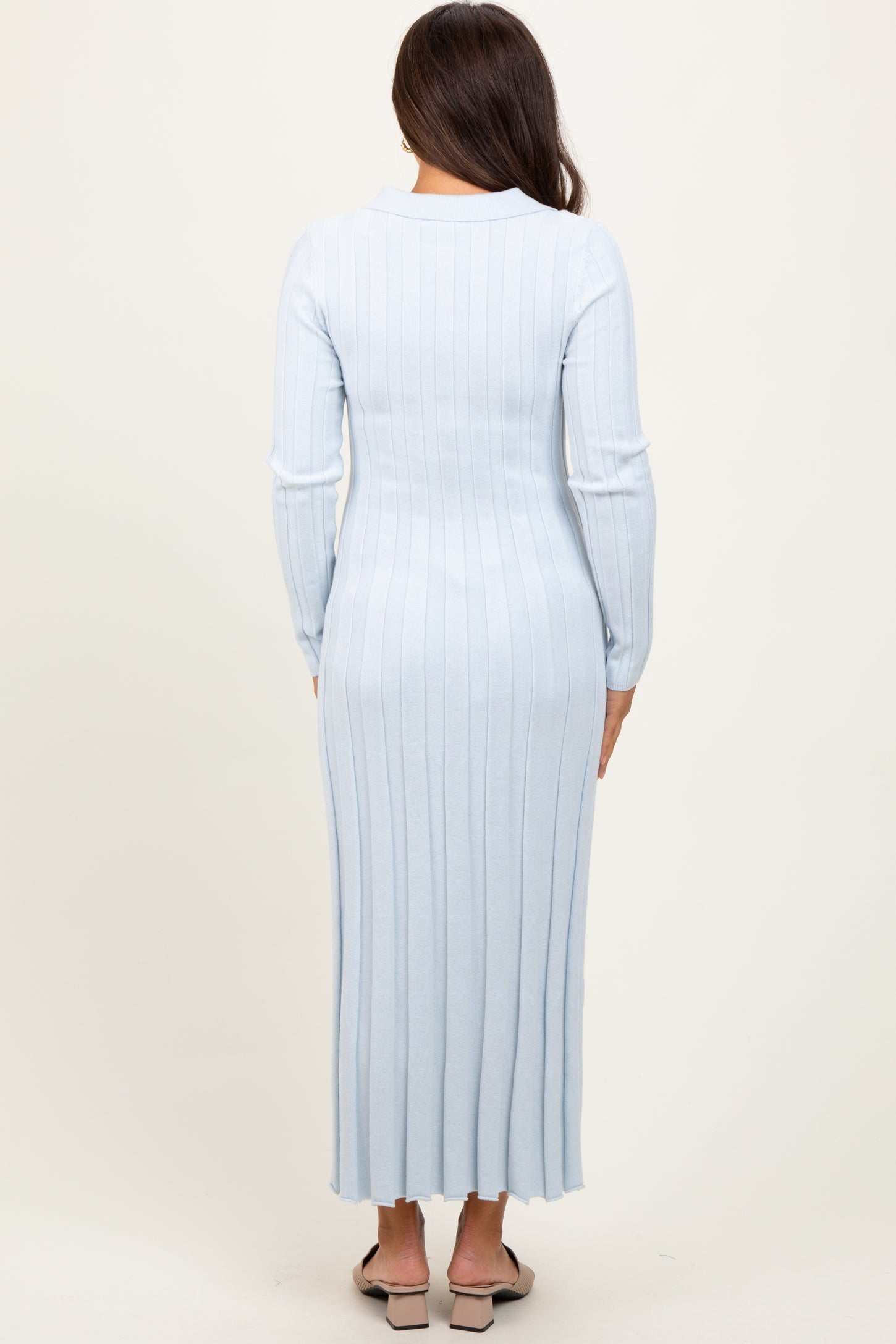 Light Blue Wide Ribbed Knit Collared Maternity Midi Dress  PinkBlush