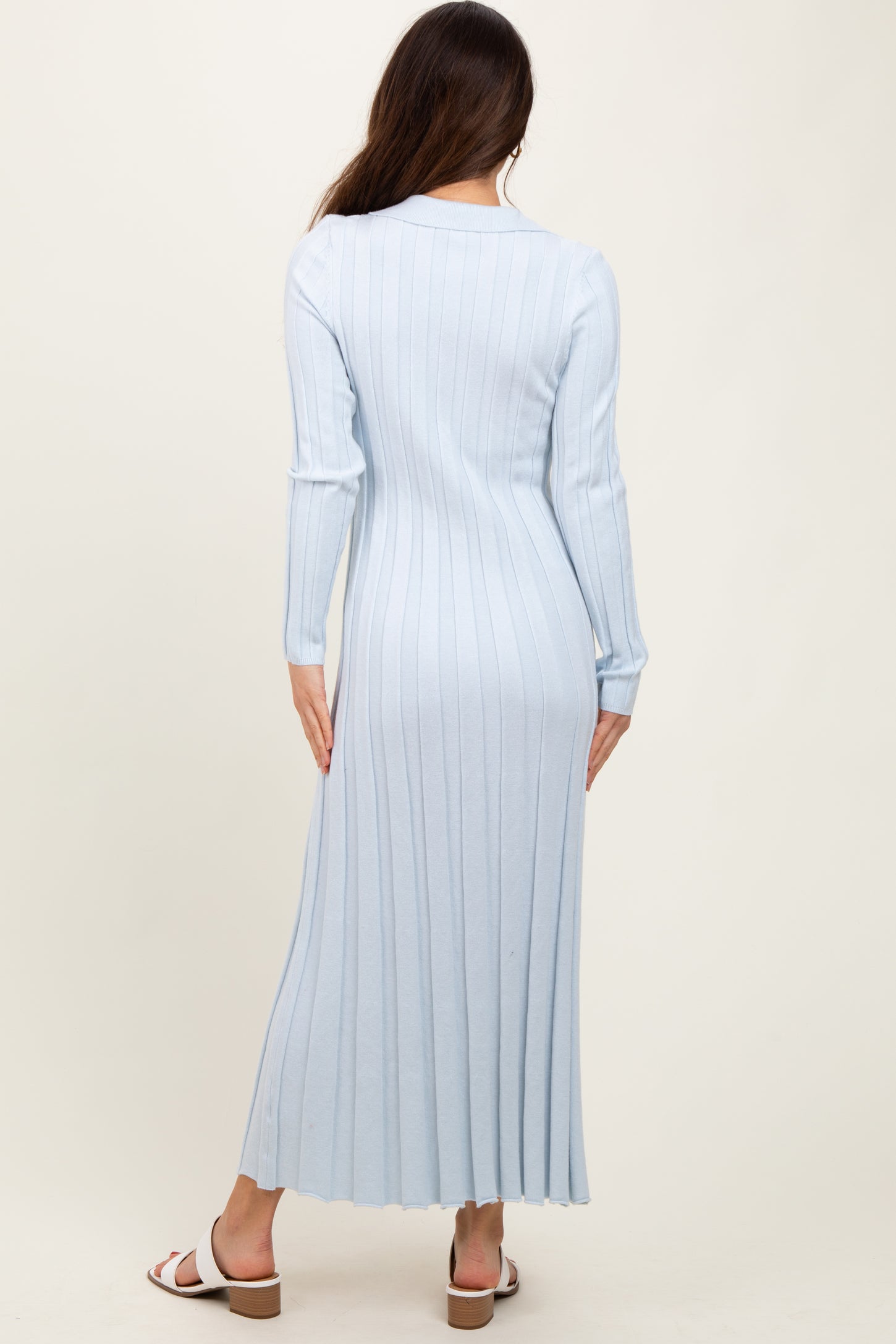 Light Blue Wide Ribbed Knit Collared Midi Dress Light Blue Wide Ribbed Knit Collared Midi Dress