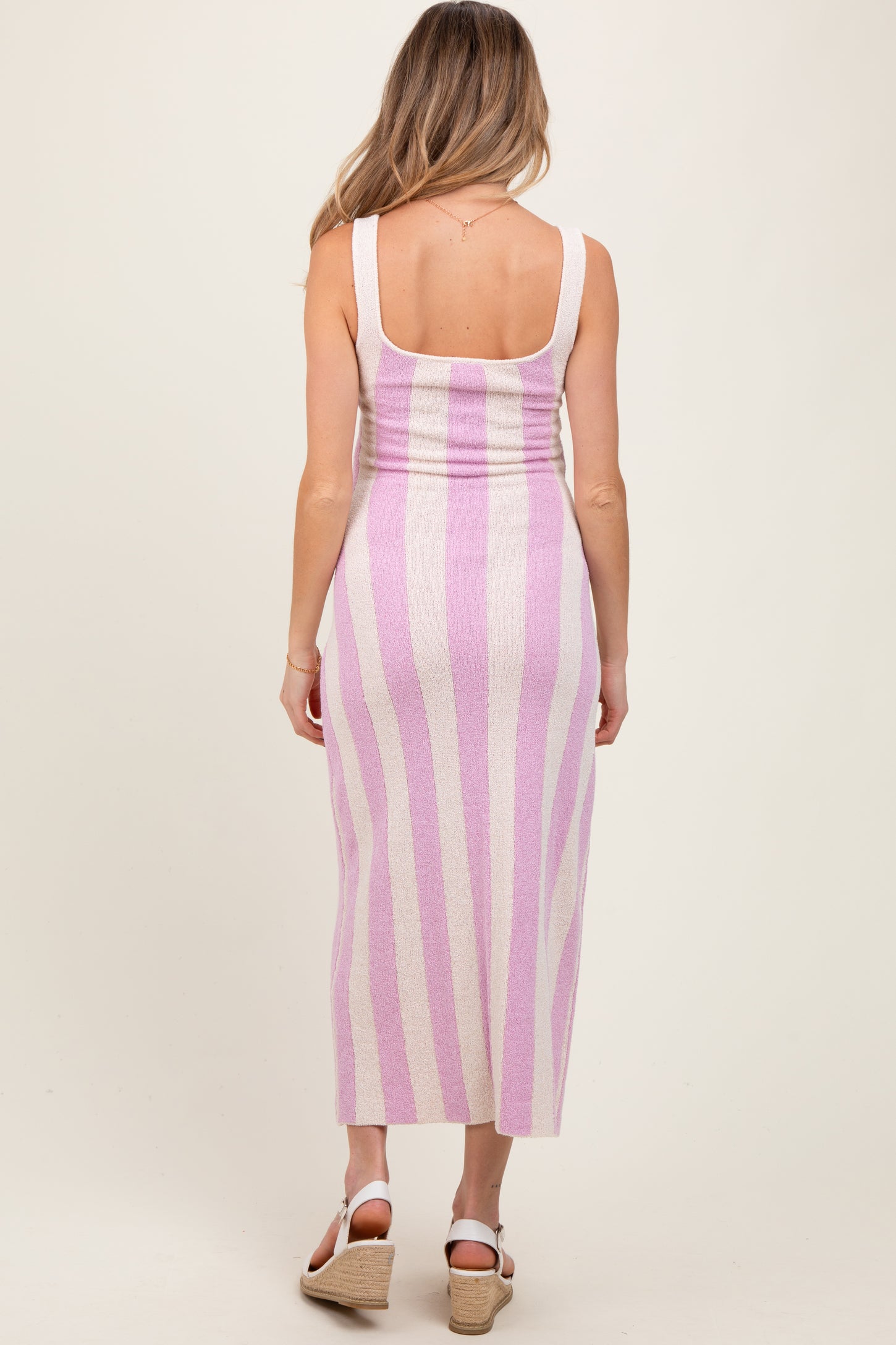 Pink Striped Terry Knit Sleeveless Maternity Midi Dress