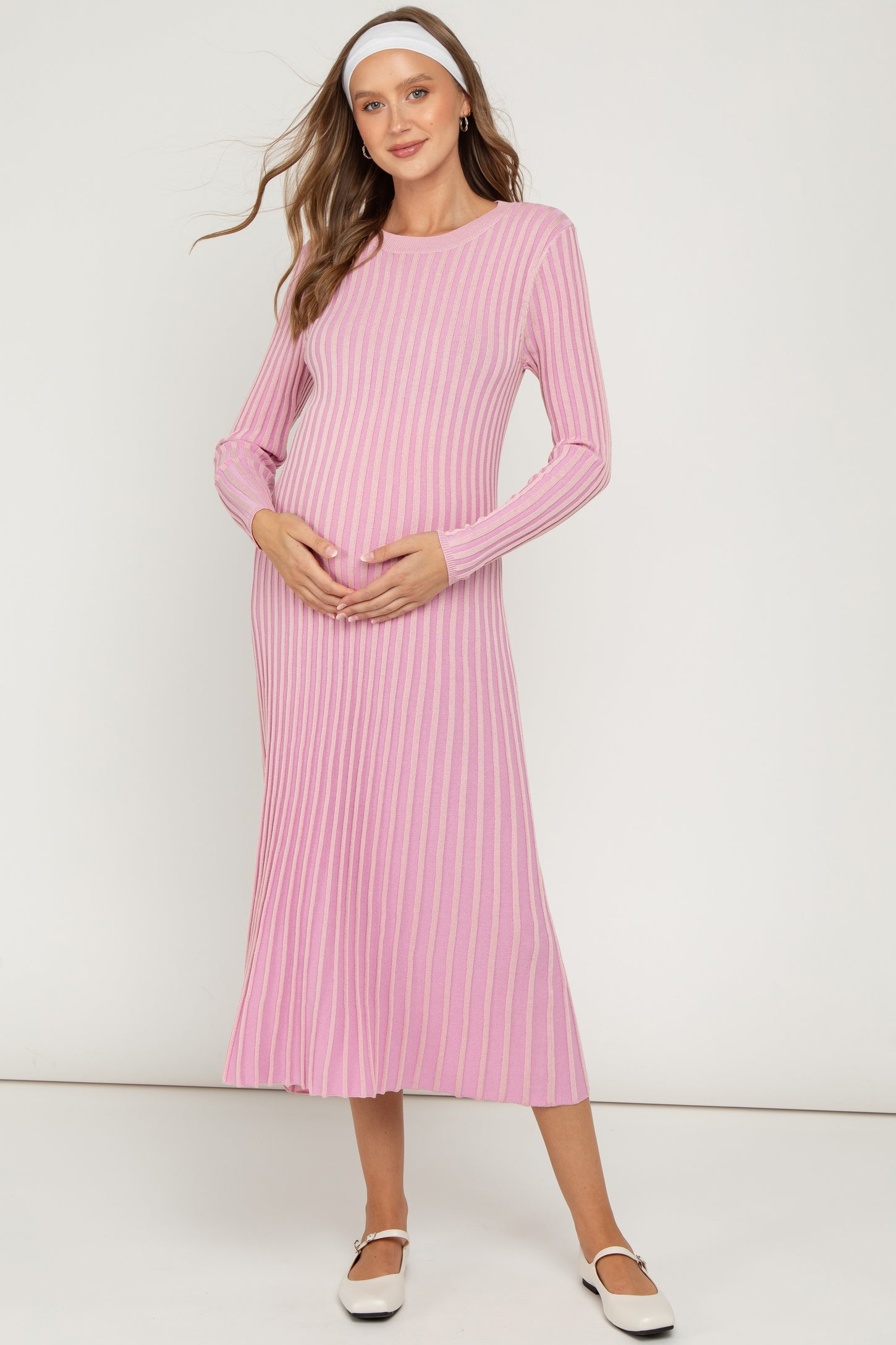 Pink Thick Ribbed Knit Maternity Maxi Sweater Dress