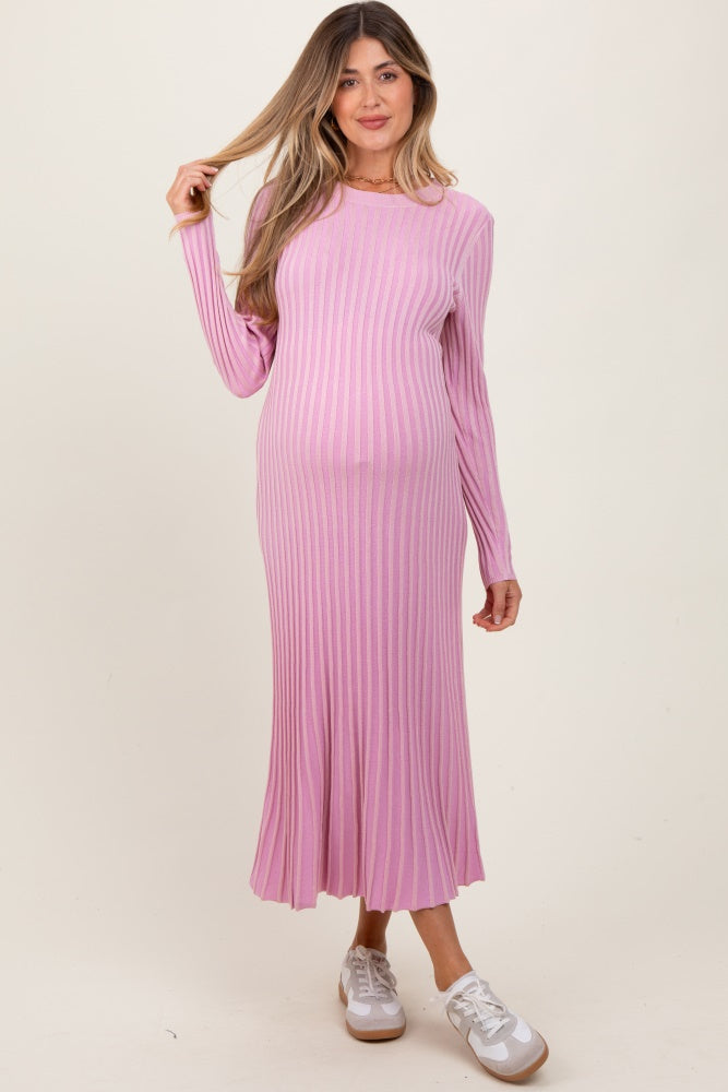 Pink Thick Ribbed Knit Maternity Maxi Sweater Dress