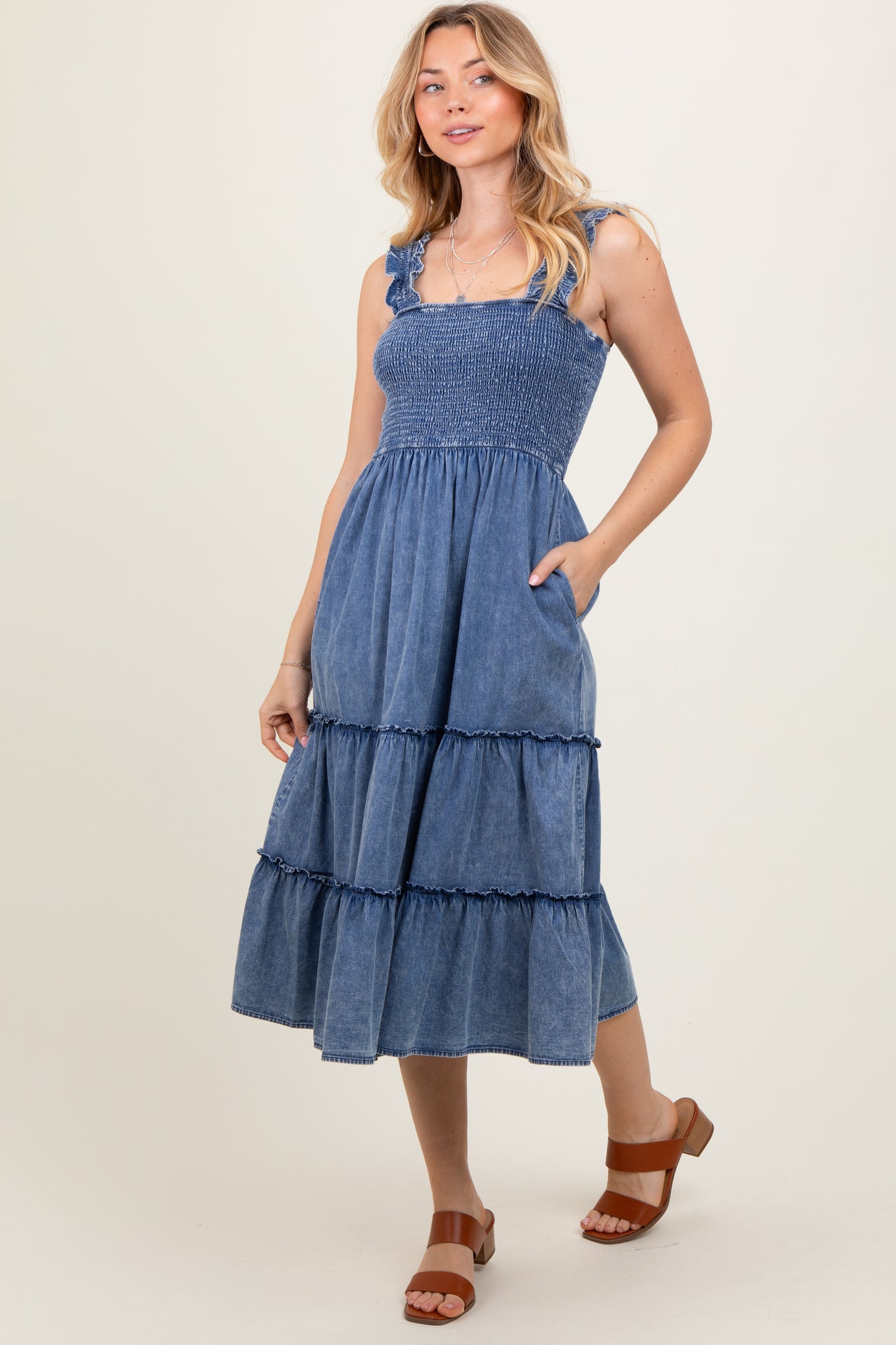 Blue Chambray Smocked Ruffle Tiered Midi Dress