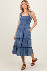 Blue Chambray Smocked Ruffle Tiered Midi Dress