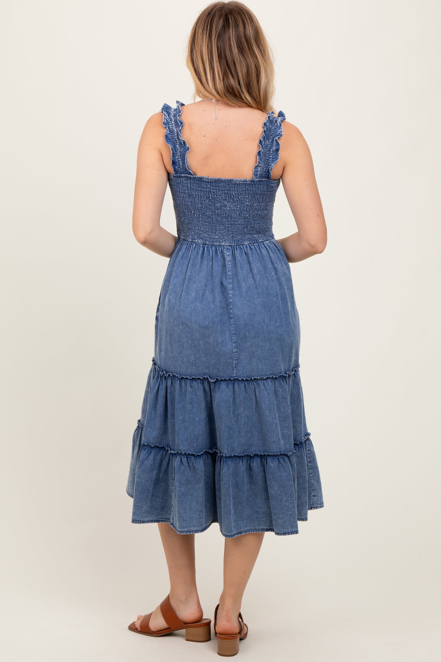Blue Chambray Smocked Ruffle Tiered Midi Dress