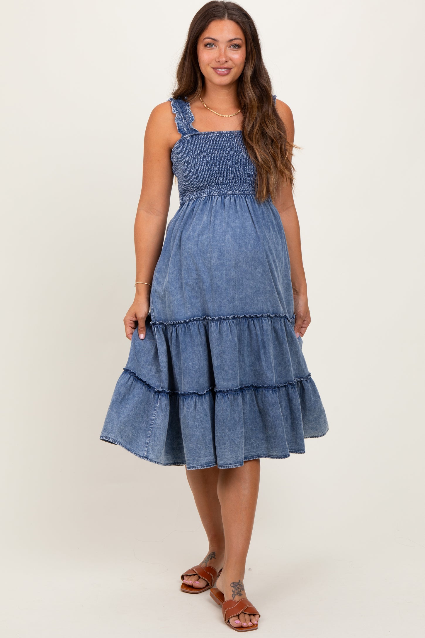 Blue Chambray Smocked Ruffle Tiered Maternity Midi Dress