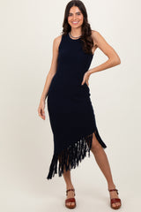 Navy Ribbed Knit Fringe Asymmetrical Hem Dress