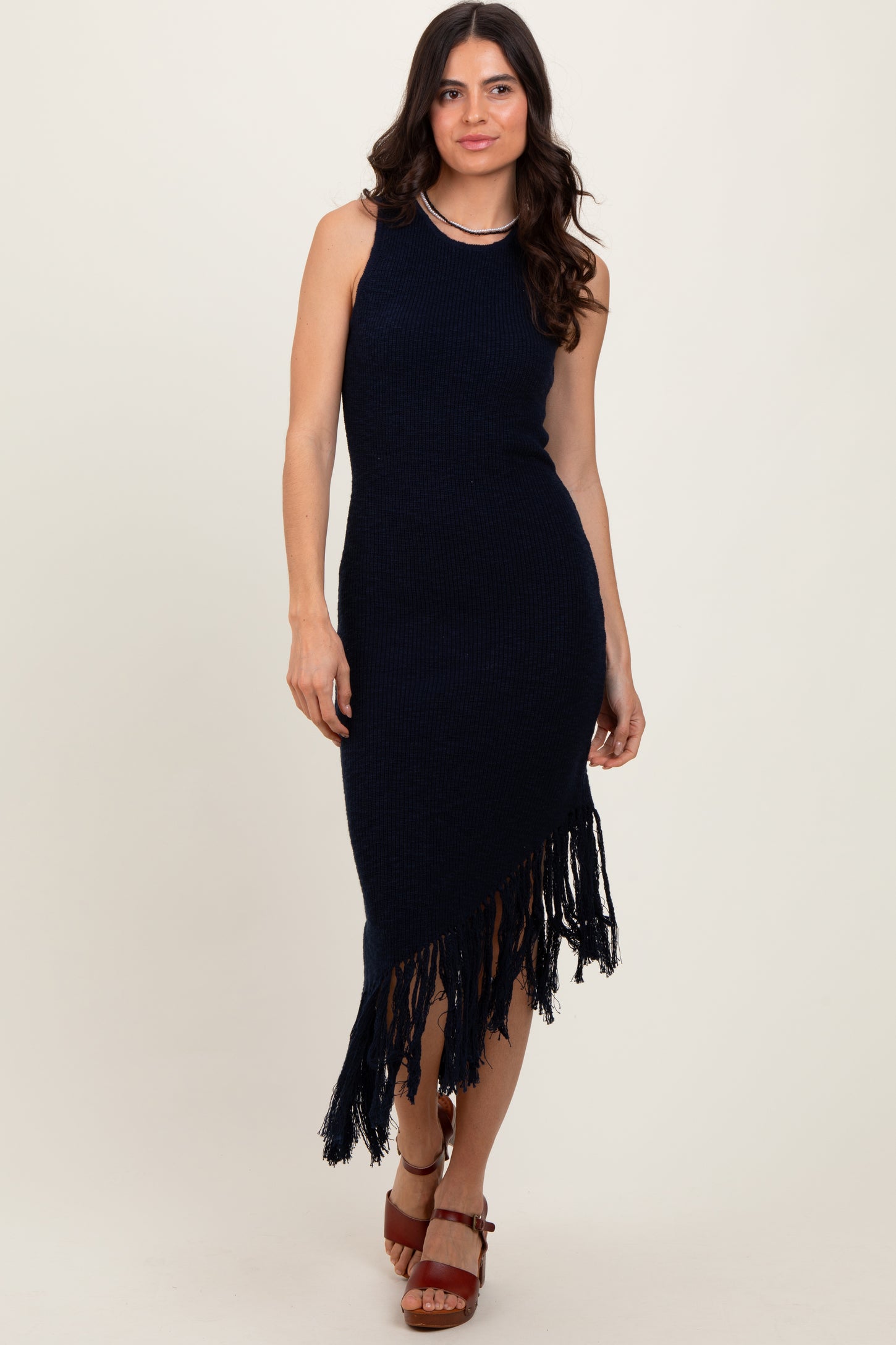 Navy Ribbed Knit Fringe Asymmetrical Hem Dress