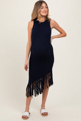 Navy Ribbed Knit Fringe Asymmetrical Hem Maternity Dress