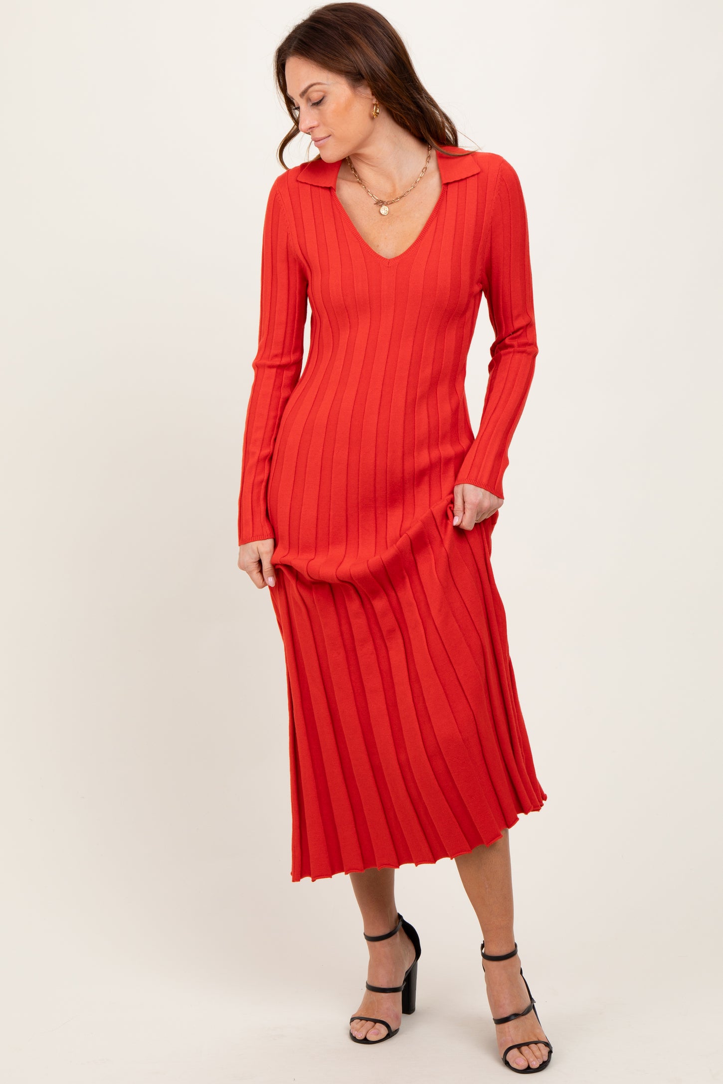 Red Wide Ribbed Knit Collared Maternity Midi Dress