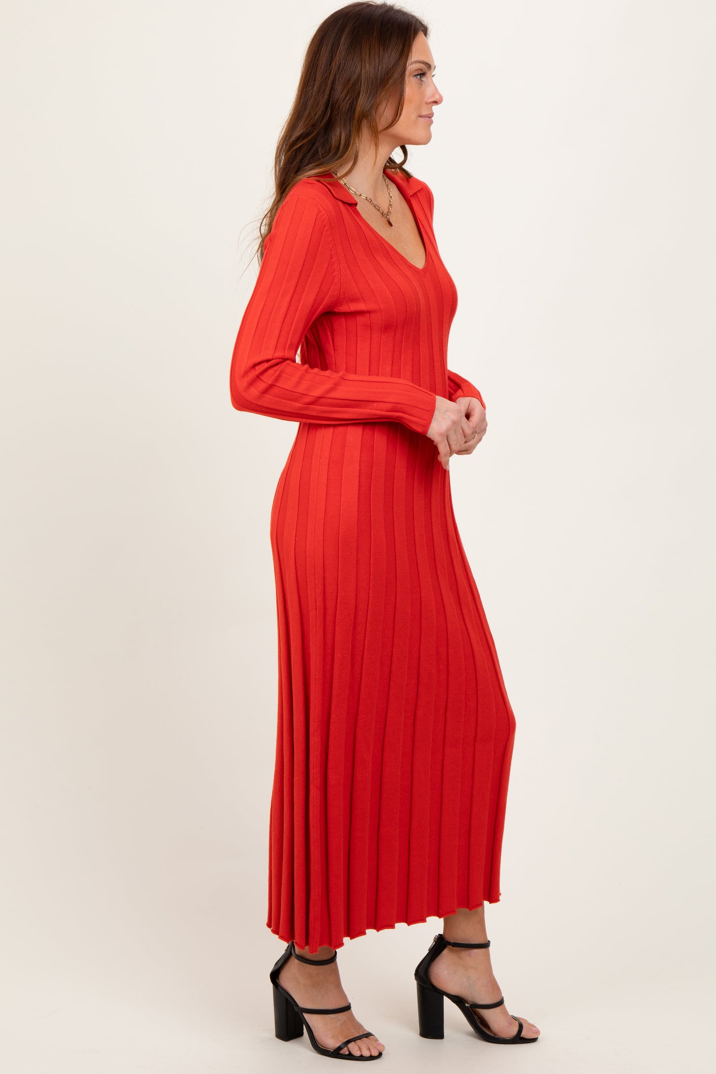 Red Wide Ribbed Knit Collared Midi Dress