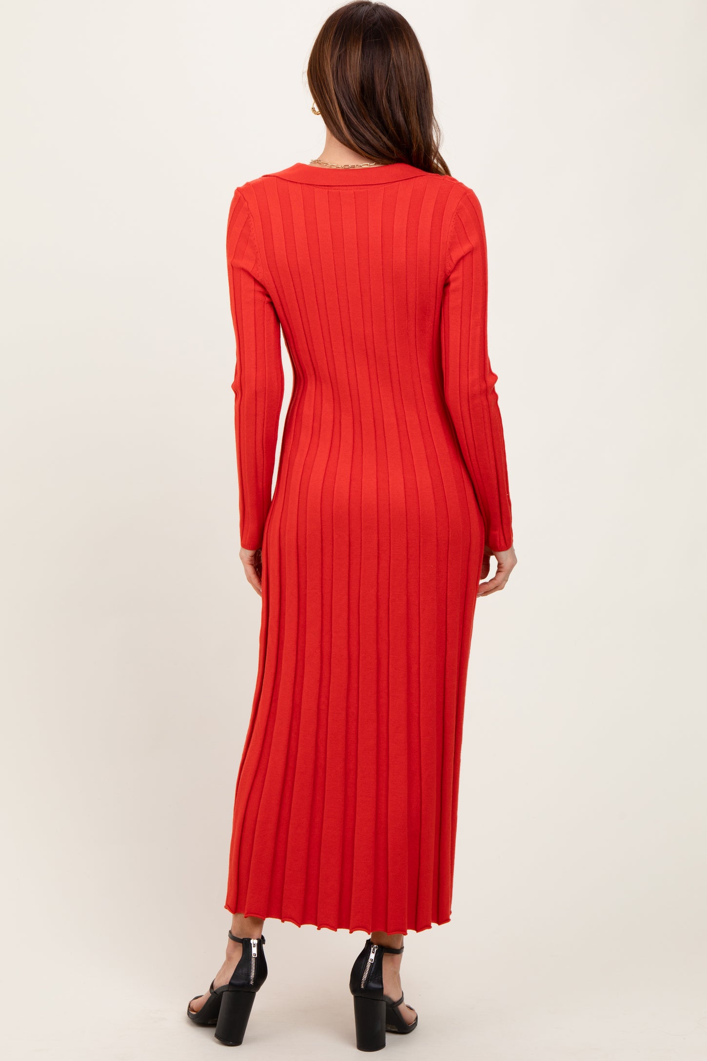 Red Wide Ribbed Knit Collared Midi Dress Red Wide Ribbed Knit Collared Midi Dress