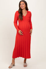 Red Wide Ribbed Knit Collared Maternity Midi Dress