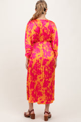 Orange Floral Satin Pleated V-Neck Maternity Maxi Dress