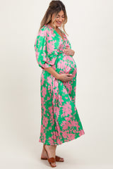Green Floral Satin Pleated V-Neck Maternity Maxi Dress