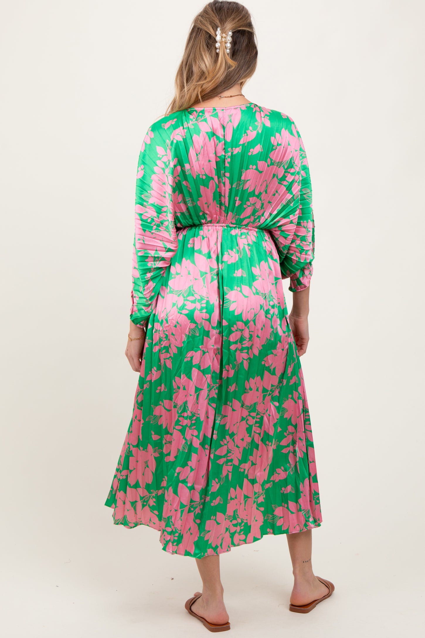 Green Floral Satin Pleated V-Neck Maternity Maxi Dress