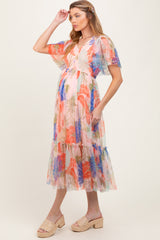 Peach Leaf Print Smocked Mesh Overlay Maternity Dress