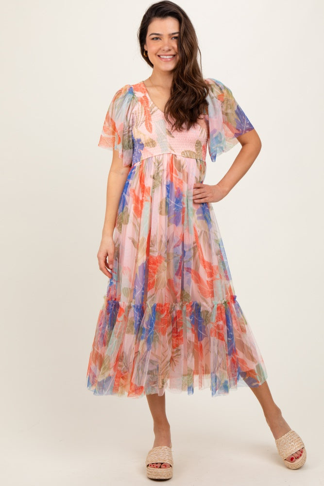 Peach Leaf Print Smocked Mesh Overlay Dress