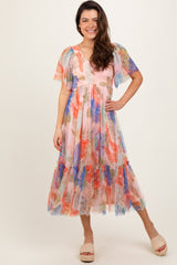 Peach Leaf Print Smocked Mesh Overlay Dress