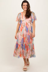 Peach Leaf Print Smocked Mesh Overlay Dress