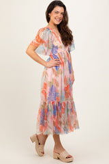 Peach Leaf Print Smocked Mesh Overlay Dress