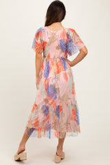 Peach Leaf Print Smocked Mesh Overlay Dress