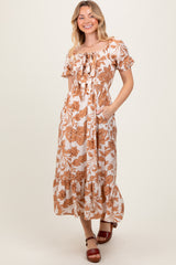 Mocha Floral Smocked Triple Front Tie Midi Dress