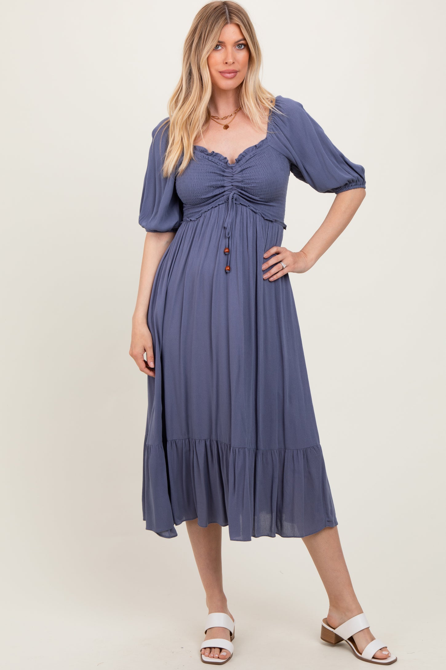 Blue Smocked Cinched Front Maxi Dress