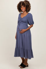 Blue Smocked Cinched Front Maternity Maxi Dress