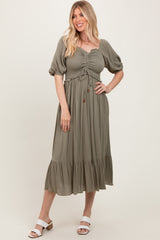 Olive Smocked Cinched Front Maternity Maxi Dress