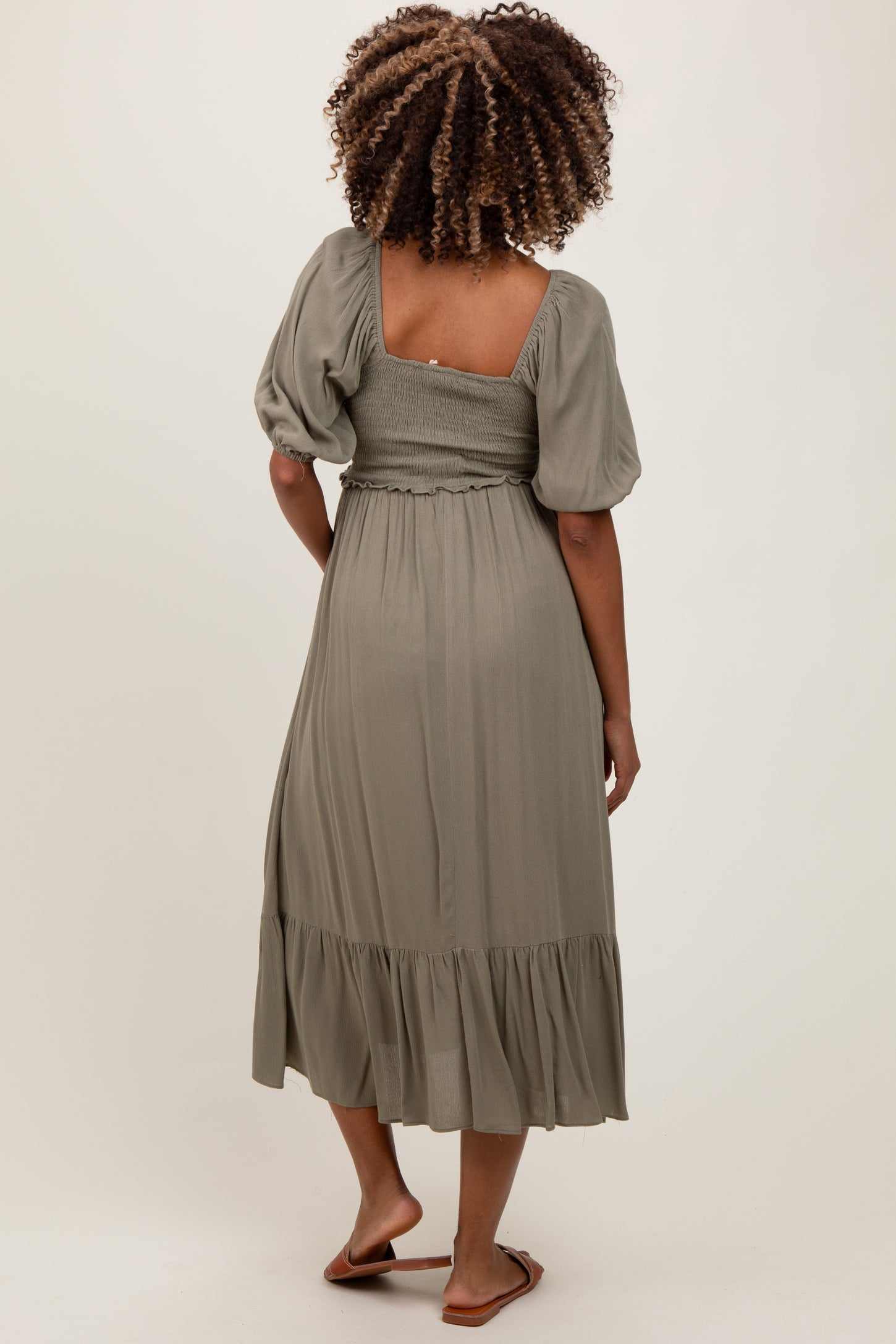 Olive Smocked Cinched Front Maternity Maxi Dress