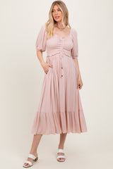 Light Pink Smocked Cinched Front Maxi Dress