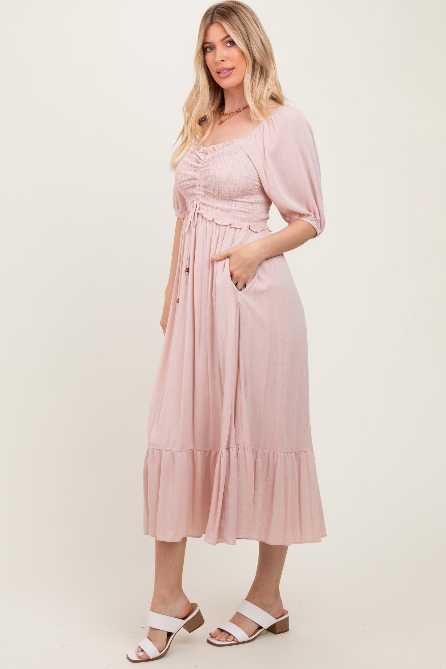 Light Pink Smocked Cinched Front Maxi Dress