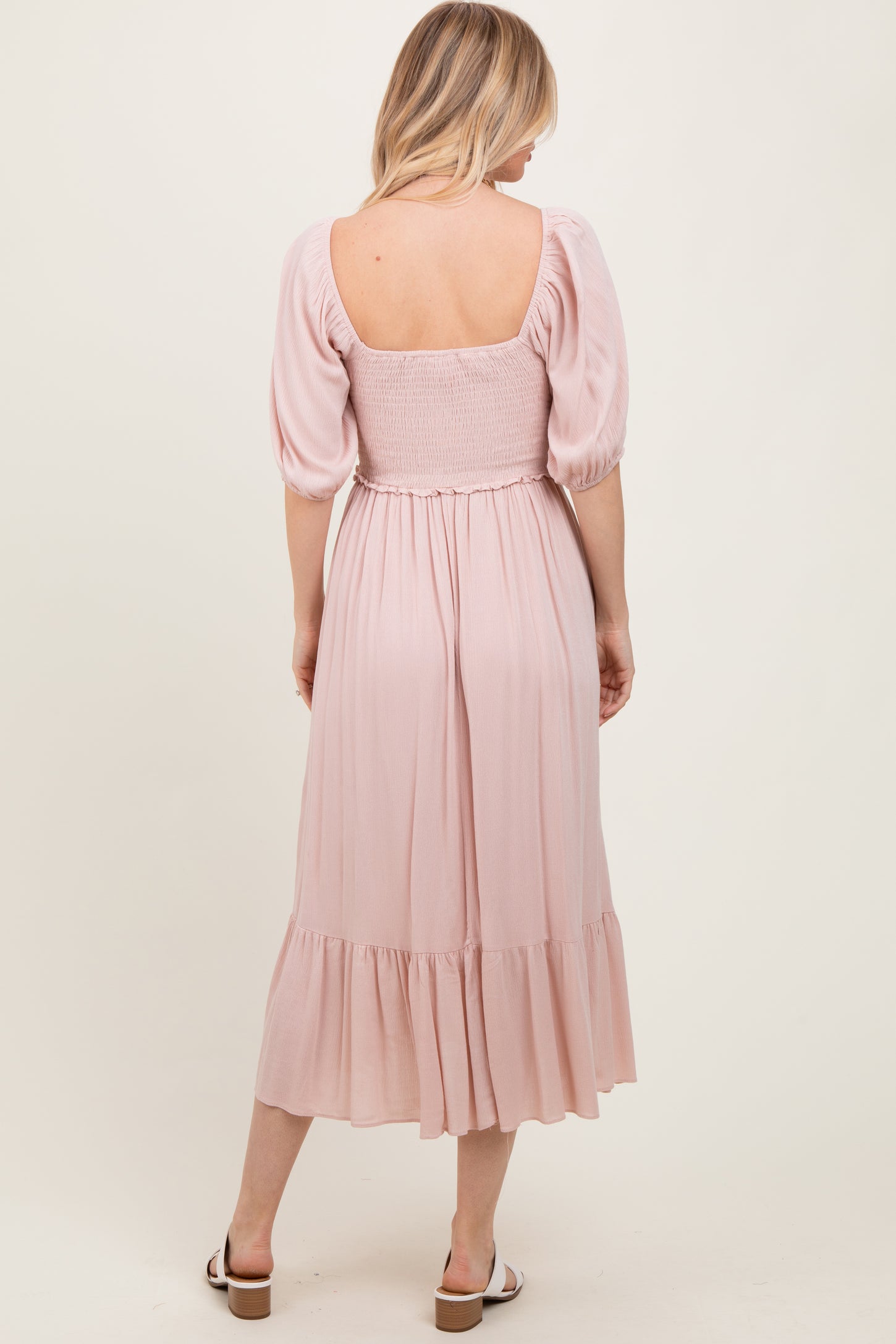 Light Pink Smocked Cinched Front Maxi Dress