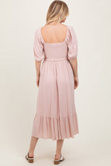 Light Pink Smocked Cinched Front Maxi Dress