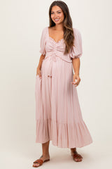 Light Pink Smocked Cinched Front Maternity Maxi Dress