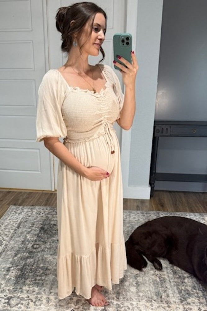 Taupe Smocked Cinched Front Maternity Maxi Dress