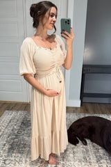 Taupe Smocked Cinched Front Maternity Maxi Dress