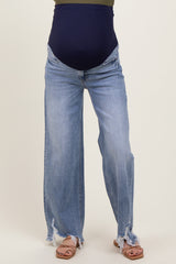 Light Blue Distressed Asymmetrical Fringe Hem Straight Leg Maternity Jeans