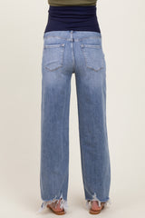 Light Blue Distressed Asymmetrical Fringe Hem Straight Leg Maternity Jeans