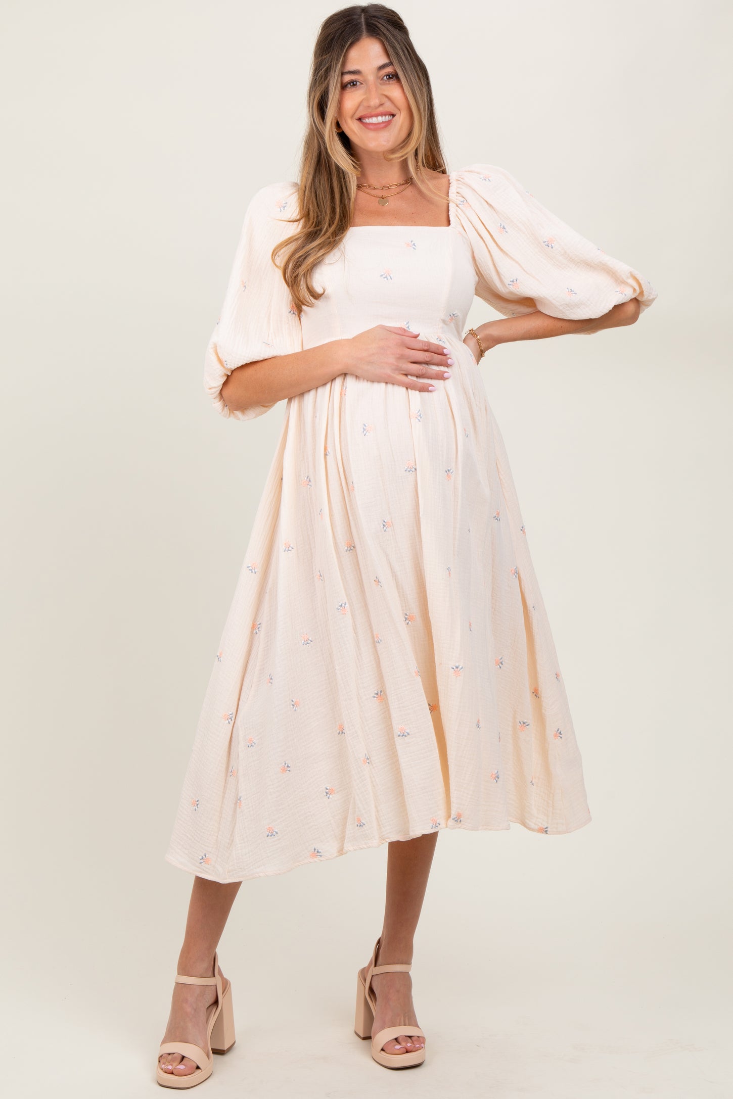 Cream Floral Maternity Midi Dress PinkBlush Cream Floral Maternity Midi Dress PinkBlush