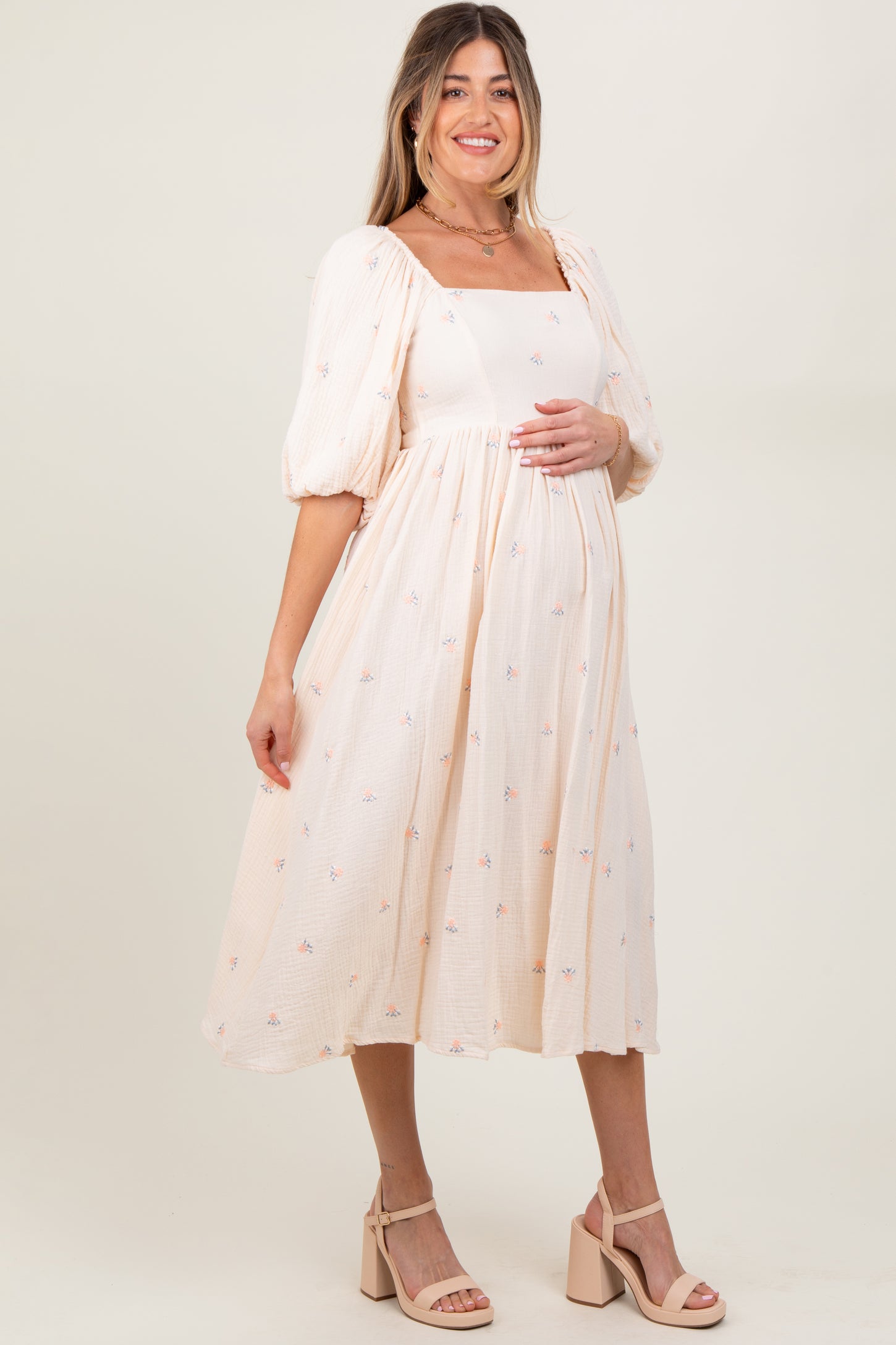 ivory floral embroidered maternity midi dress Pinkblush Ivory Floral Embroidered Maternity Midi Dress Medium