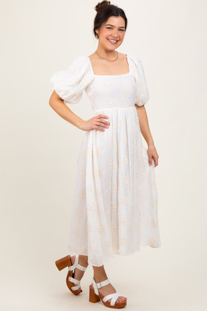 white textured midi dress Velvi - Skyla Shirred Midi Dress - White