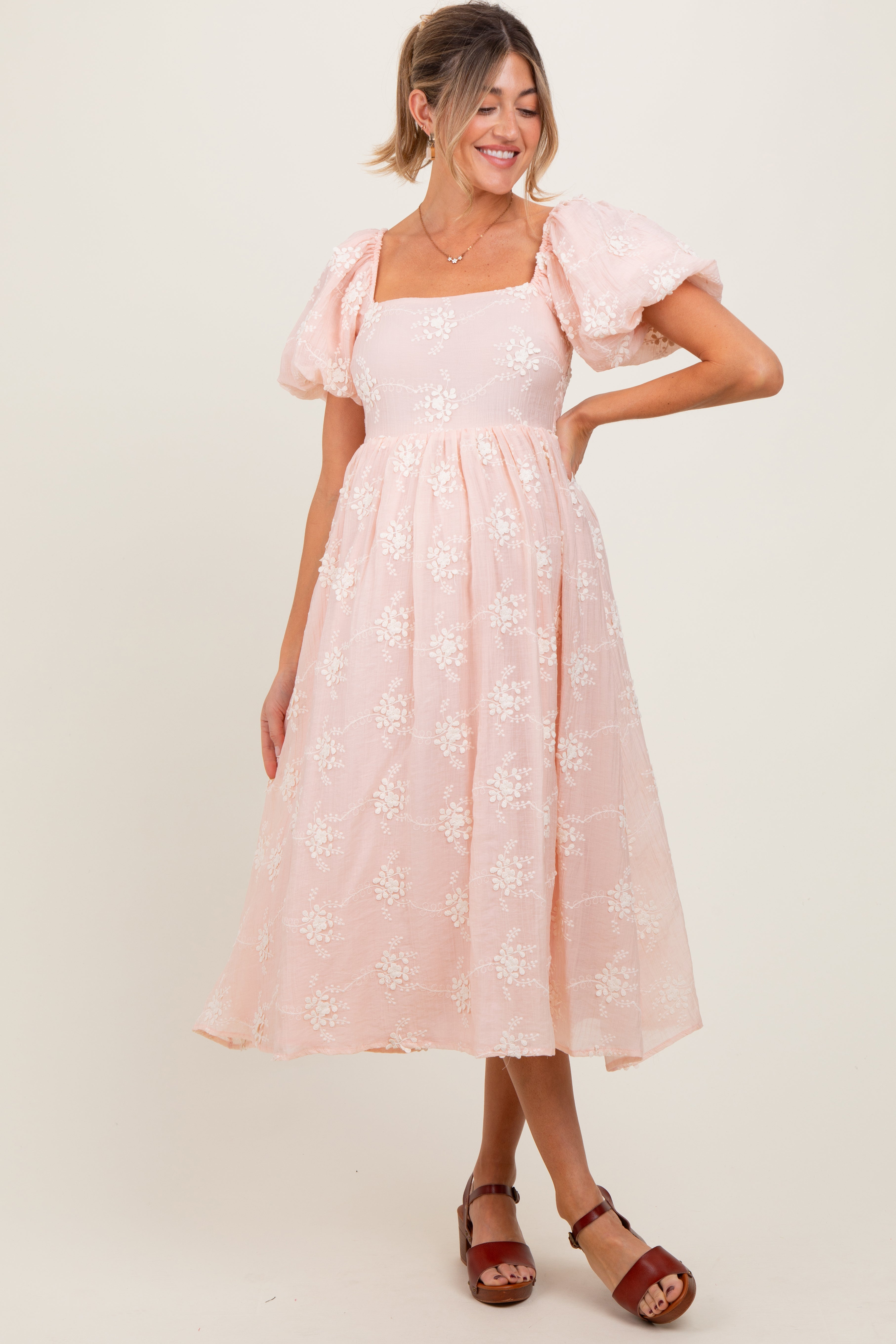 pink textured floral hillsborough midi dress Hyacinth House Pink Textured Floral Cindy Midi Dress Pink Textured Floral / XS